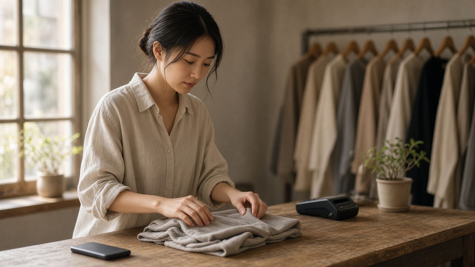 Une commerçante plie des chemises en lin dans une petite boutique de mode