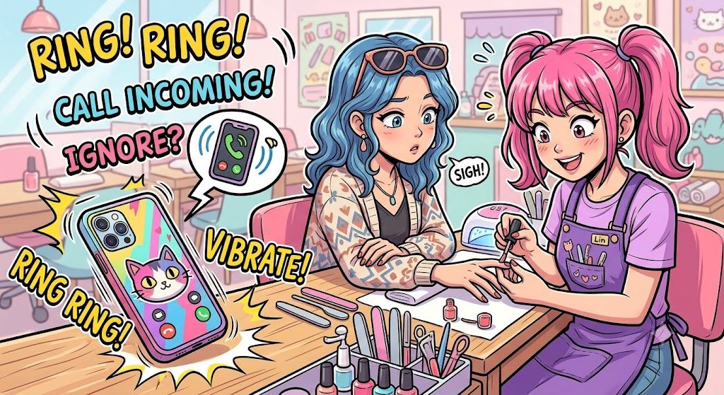 Cómic generado con IA de una manicurista cuyo teléfono suena en plena cita