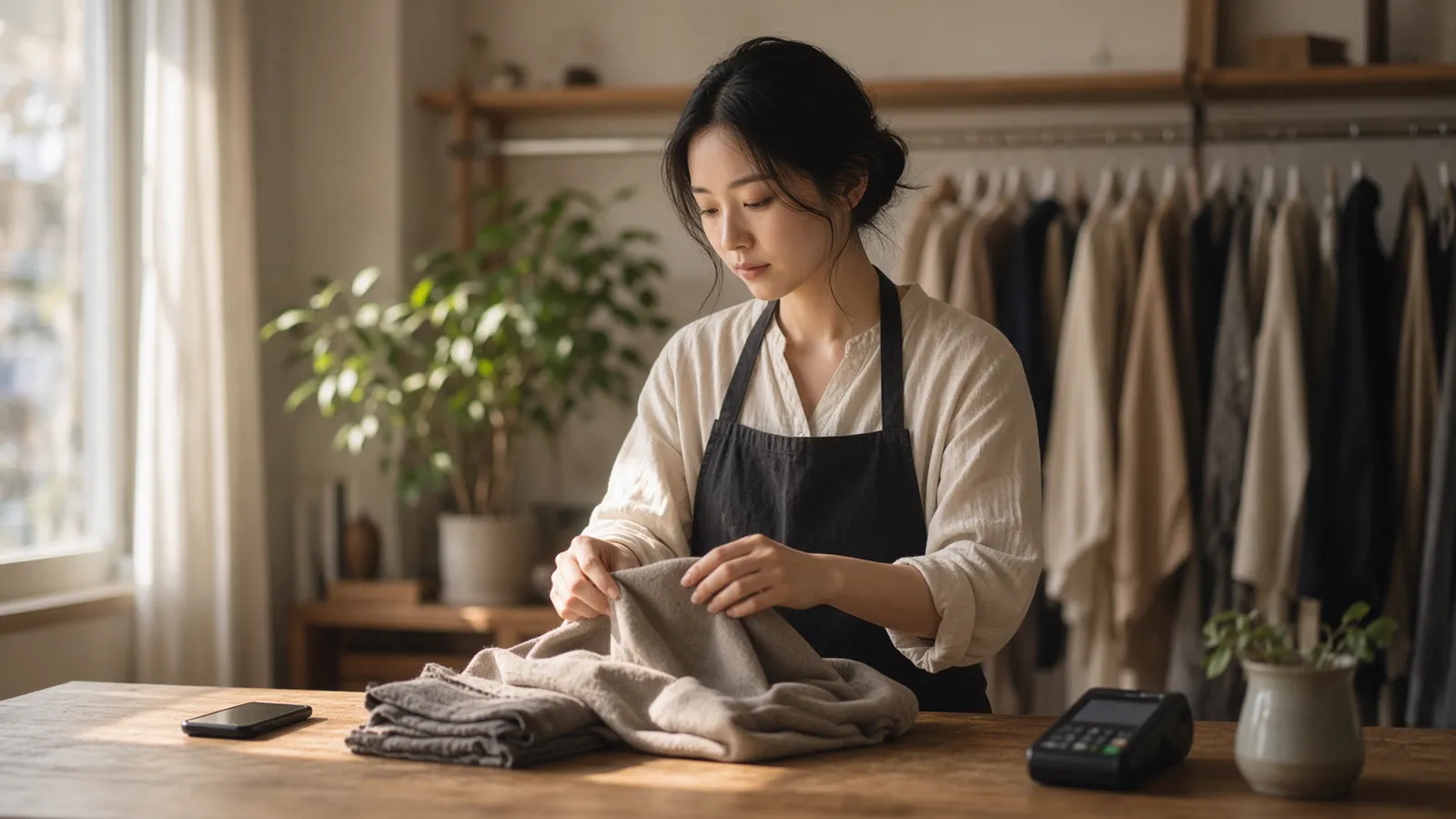 The owner of a small independent clothes shop folding stock at her counter, her phone face down beside her